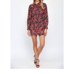 Fate Corduroy Dress Button Ruched Floral Shirt Collar Puffed Sleeve Boho Large